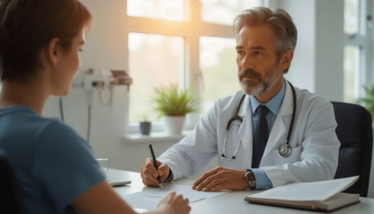 Arzt in weißem Kittel mit Stethoskop spricht mit Patientin in heller Praxis und macht Notizen auf einem Dokument.