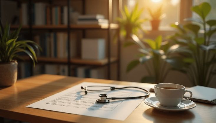 Ein Schreibtisch mit Stethoskop, Dokumenten und Kaffeetasse, umgeben von Pflanzen in warmem Sonnenlicht.