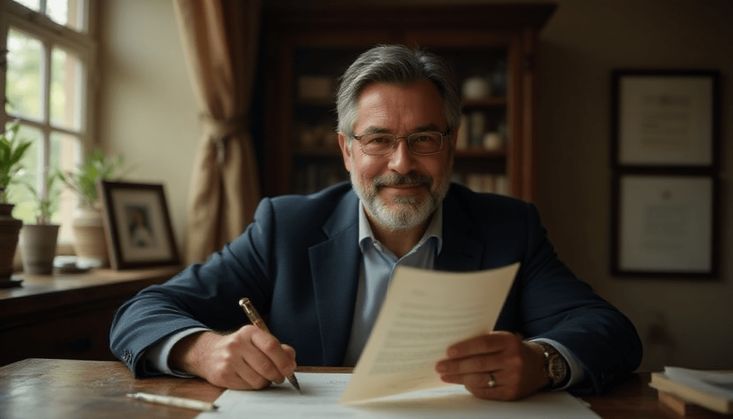 Ein Mann in einem Büro schreibt an einem Dokument, umgeben von Büchern, Pflanzen und gerahmten Bildern.