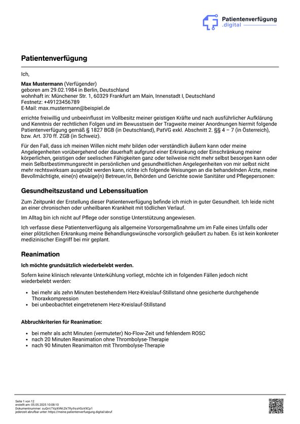 Patientenverfügung Beispiel - Seite 1