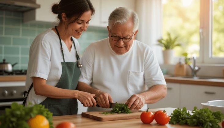 Pflegekraft und älterer Mann schneiden gemeinsam frische Kräuter in heller Küche, Beispiel für betreutes Kochen und Alltagshilfe.
