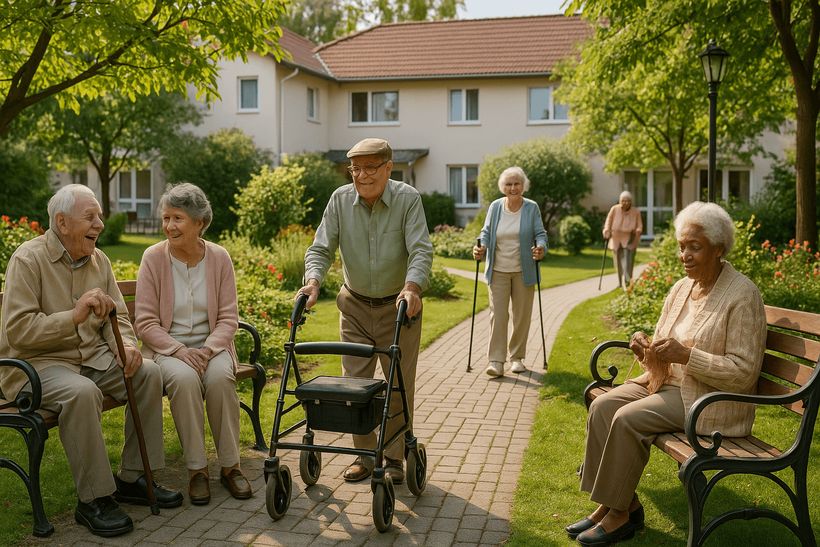 Senioren bei Outdoor-Aktivitäten im schönen Garten des Altenheims mit gepflegten Wegen