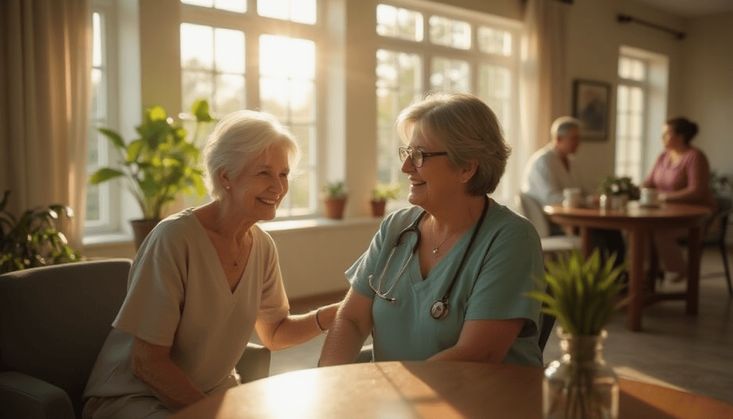Seniorin und Pflegekraft im Gespräch in einem sonnendurchfluteten Raum, mit anderen Personen im Hintergrund.
