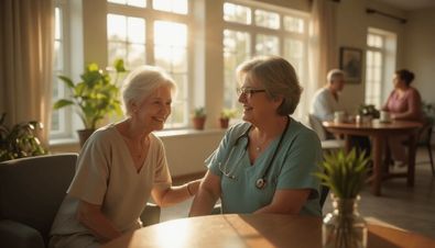 Seniorin und Pflegekraft im Gespräch in einem sonnendurchfluteten Raum, mit anderen Personen im Hintergrund.