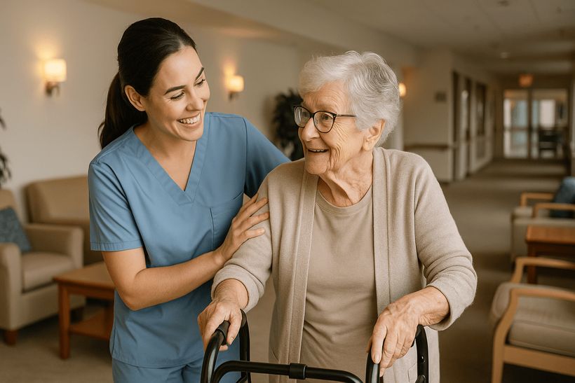 Freundliche Betreuerin unterstützt eine Seniorin im Altenwohnheim bei alltäglichen Aktivitäten mit respektvollem Umgang