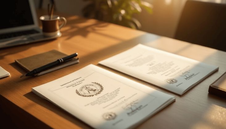 Offizielle Dokumente mit Siegeln und Unterschriften auf einem Holzschreibtisch im warmen Licht
