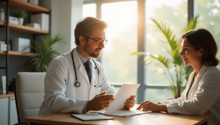 Arzt im Gespräch mit einer Patientin in einem modernen Büro, Dokumente werden besprochen, Pflanzen im Hintergrund.