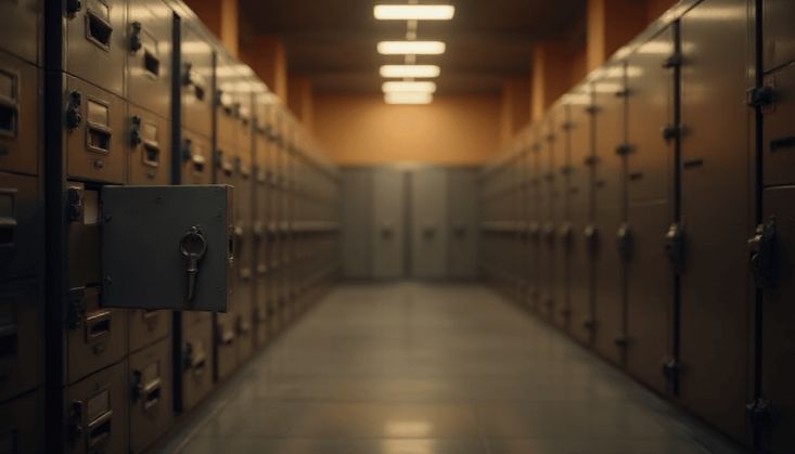 Geöffnete Schließfächer in einem beleuchteten Raum mit einem Schlüssel im Vordergrund.
