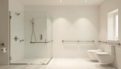Barrierefreies Badezimmer mit bodengleicher Dusche, Haltegriffen und wandhängenden Toiletten in modernem Design.