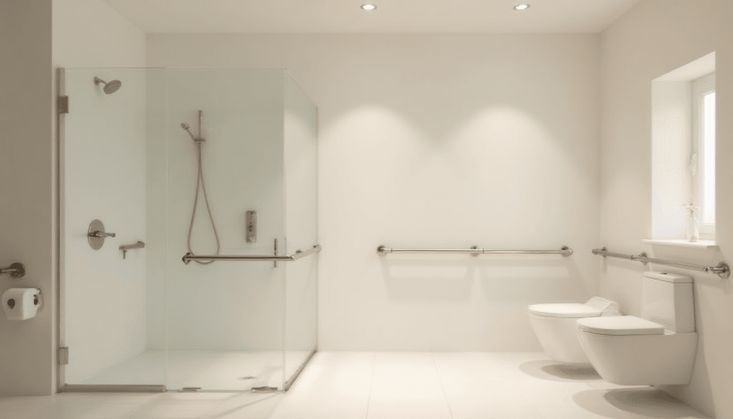 Barrierefreies Badezimmer mit bodengleicher Dusche, Haltegriffen und wandhängenden Toiletten in modernem Design.