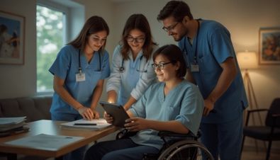 Medizinisches Team berät sich mit einer Person im Rollstuhl, Tablet und Dokumente auf einem Tisch.