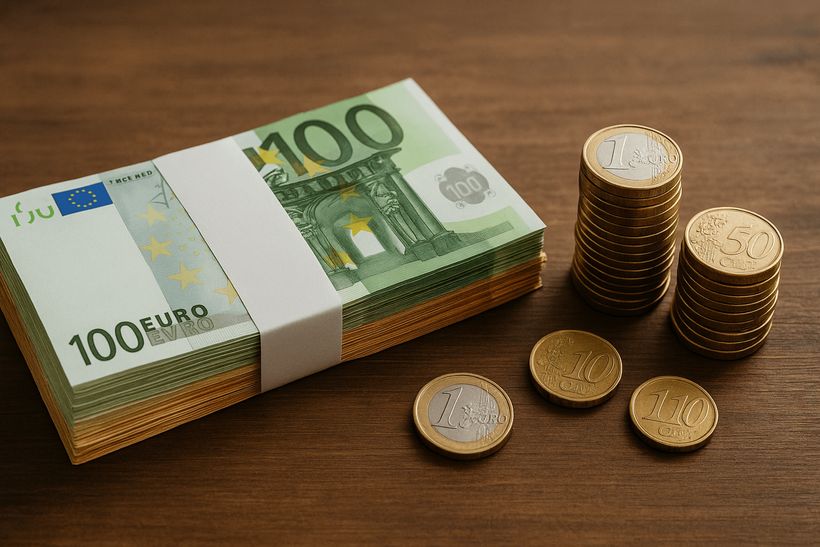 Gestapelte Euro-Banknoten und Münzen auf Holztisch, Symbolbild für Barvermächtnis im deutschen Erbrecht