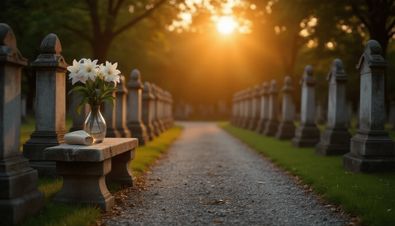 Blumenstrauß auf Steinbank in Friedhof mit Grabsteinen und Sonnenuntergang im Hintergrund