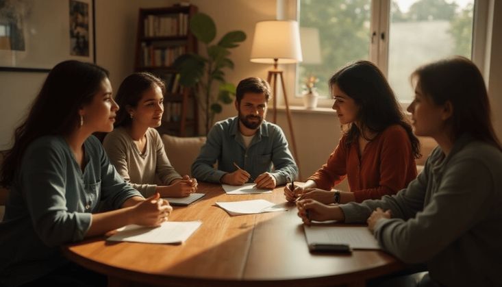 Gruppe von fünf Personen bei einem Meeting oder einer Diskussion an einem Tisch in gemütlicher Wohnraum-Atmosphäre.