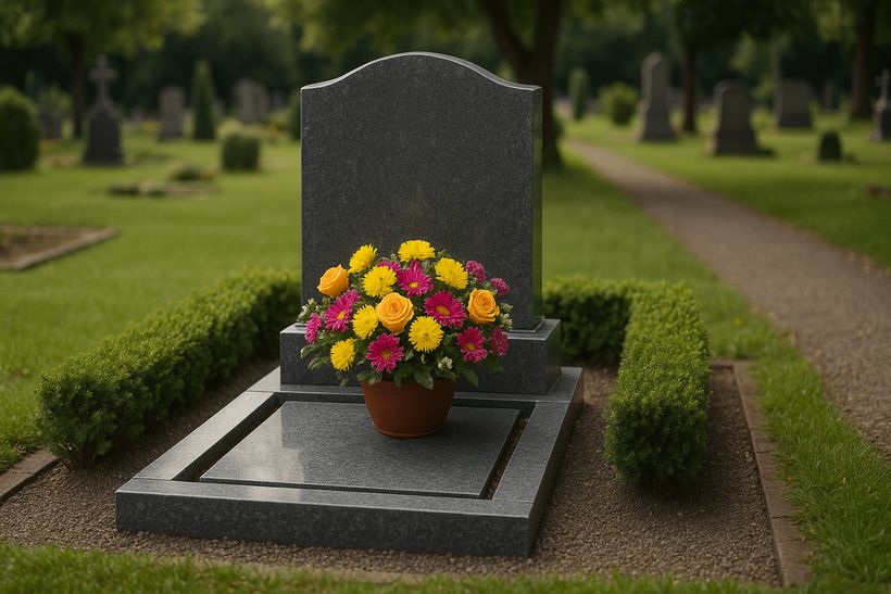 Gepflegtes Grab mit frischen Blumen und Grabstein als Symbol der Erinnerung