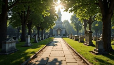 Friedhof mit gepflastertem Weg, umgeben von Grabsteinen und Bäumen, Sonnenlicht fällt auf Kapelle.
