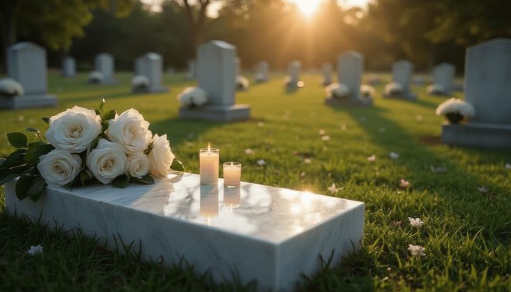 Grabstein mit weißen Rosen und Kerzen bei Sonnenuntergang in einem friedlichen Friedhof mit grüner Umgebung.