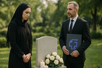 Trauernde Frau mit Kopftuch und Bestattungsberater im Anzug stehen an einem Grabstein mit weißen Rosen und einer Kerze auf einer grünen Wiese.