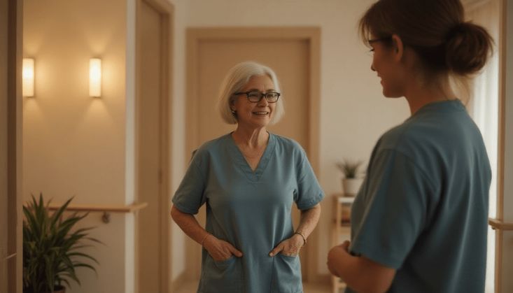 Zwei Pflegekräfte in blauer Arbeitskleidung unterhalten sich in einem hellen Flur einer Betreuungseinrichtung.