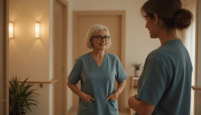 Zwei Pflegekräfte in blauer Arbeitskleidung unterhalten sich in einem hellen Flur einer Betreuungseinrichtung.