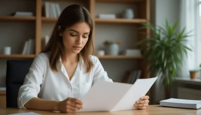 Frau in weißer Bluse sitzt an einem Schreibtisch und liest Dokumente, Bücherregal und Zimmerpflanze im Hintergrund.