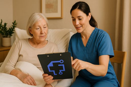 Pflegefachkraft in blauer Kleidung zeigt älterer Patientin im Bett eine Betreuungsverfügung.