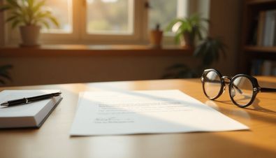  Dokument auf einem Schreibtisch mit Brille, Notizbuch und Stift, im Hintergrund Pflanzen und Fenster.