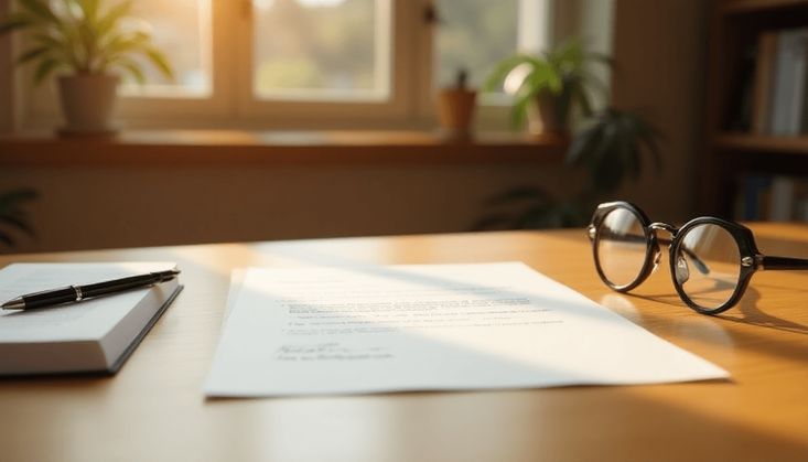  Dokument auf einem Schreibtisch mit Brille, Notizbuch und Stift, im Hintergrund Pflanzen und Fenster.