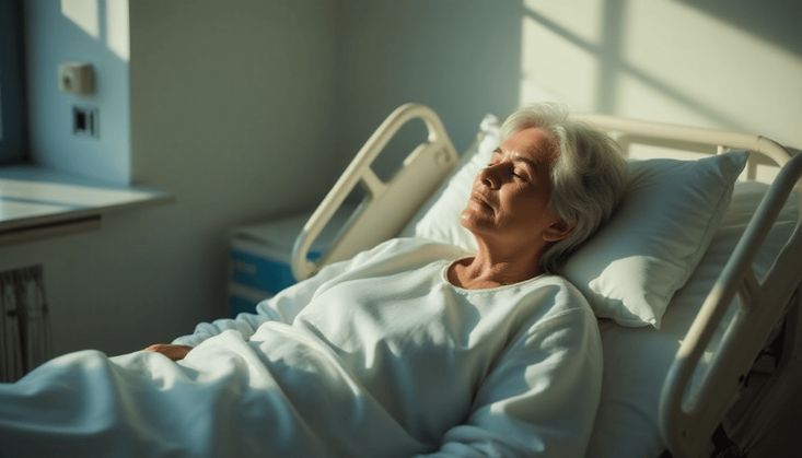 Ältere Frau mit grauem Haar ruht in einem Krankenhausbett mit weißer Bettwäsche in einem hell erleuchteten Zimmer