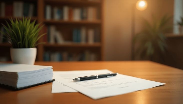 Dokument mit Kugelschreiber auf Holztisch, daneben Notizstapel und Pflanze, im Hintergrund Bücherregal