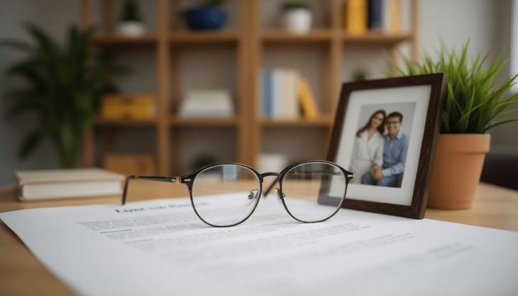 Lesebrille auf Dokumenten mit Bilderrahmen und Topfpflanze vor einem Bücherregal im Hintergrund