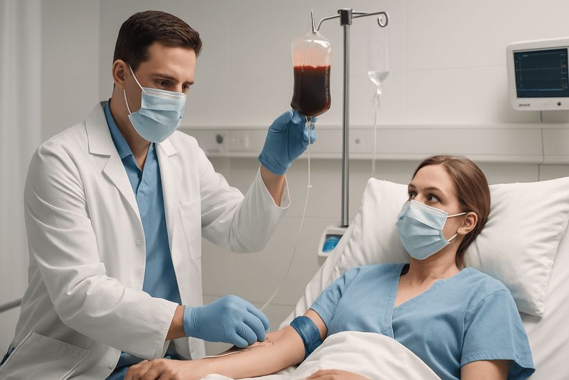 Arzt verabreicht Bluttransfusion an Patientin in modernem Krankenhauszimmer, beide tragen Masken und Schutzkleidung.