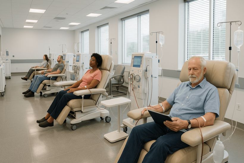 Dialysezentrum mit mehreren Patienten während der Blutwäsche-Behandlung in bequemen Sesseln