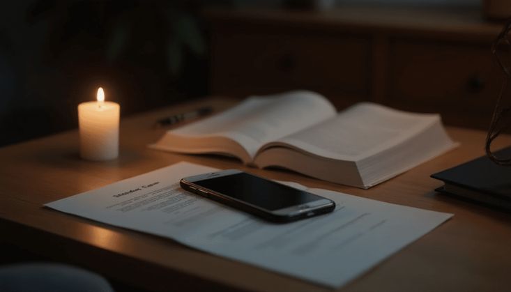 Aufgeschlagenes Buch, Smartphone und Dokumentenpapier auf Holztisch bei warmem Kerzenlicht in ruhiger Atmosphäre