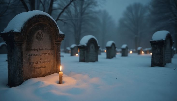 Brennende Kerze vor schneebedecktem Grabstein auf nächtlichem Friedhof, weitere Lichter im Hintergrund