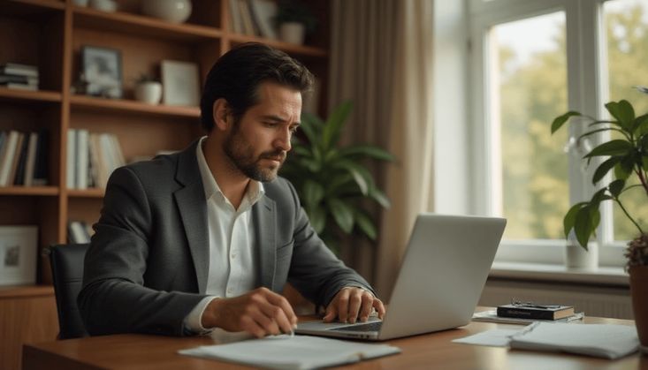 Mann in einem Büro, der an einem Laptop arbeitet, umgeben von Pflanzen und Regalen mit Büchern und Dekoration.