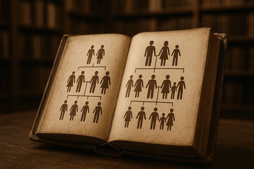Antikes Gesetzbuch mit gezeichneter, vielfältiger Familienstammbaum-Grafik vor unscharfem Bibliothekshintergrund