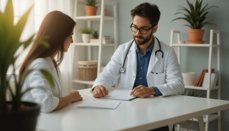 Ärztliche Beratung zu Patientenverfügung: Mediziner und Patientin im Gespräch über Dokumente
