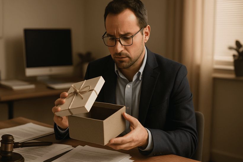 Mann in Büro öffnet vorsichtig Geschenkbox, umgeben von Dokumenten und Computer, in warmem, weichem Licht.