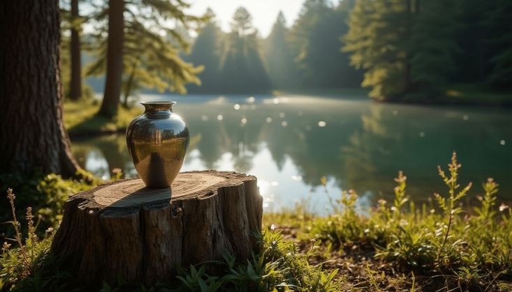Glänzende Urne auf Baumstumpf am Ufer eines ruhigen Waldsees, umgeben von Kiefern im Sonnenlicht
