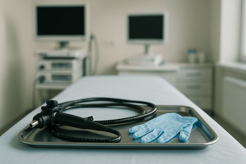 Steriles Tablett mit Endoskop und Handschuhen in heller, moderner Untersuchungsraum-Umgebung, unscharfer Hintergrund.
