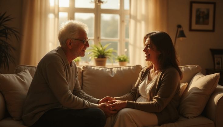 Älteres Paar hält Hände, sitzt zusammen in einem gemütlichen Wohnzimmer mit weichem Licht und Pflanzen.