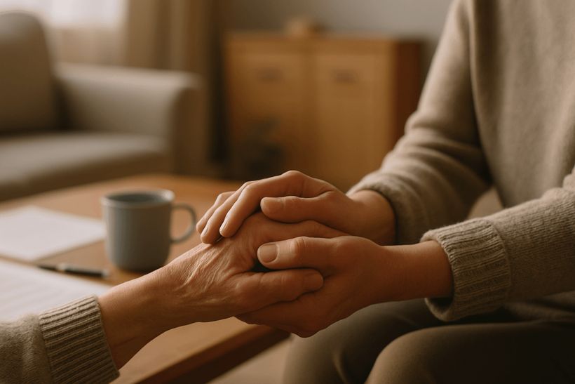 Junge und ältere Hand berühren sich in warmem Licht, Symbol für Vertrauen und Fürsorge im gemütlichen Wohnzimmer.