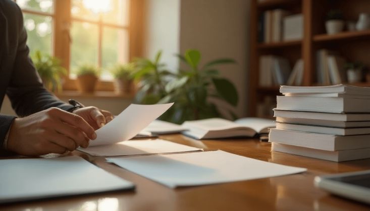 Person am Schreibtisch mit Dokumenten, Büchern und Pflanzen im Hintergrund bei natürlichem Tageslicht.