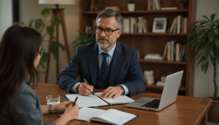 Ein Mann im Anzug und eine Frau führen ein Gespräch an einem Schreibtisch mit Dokumenten und Laptop.