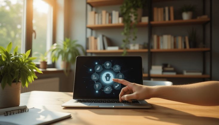 Person zeigt auf Laptop mit digitalem Sicherheits-Icon, umgeben von Symbolen, in modernem Arbeitszimmer mit Pflanzen.