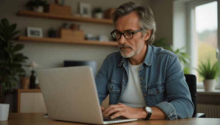 Mann in einem modernen Arbeitszimmer, der konzentriert an einem Laptop arbeitet, umgeben von Pflanzen und Regalen.