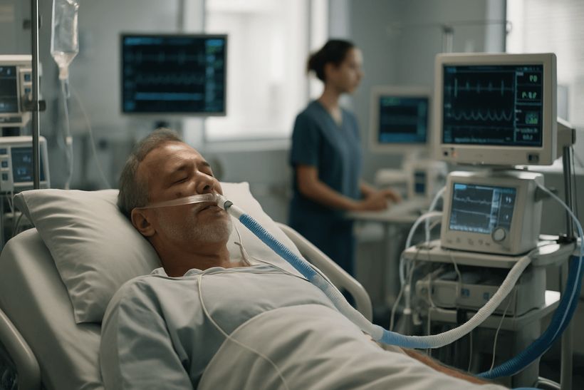 Patient liegt im modernen ICU-Bett mit Beatmung, umgeben von Überwachungsgeräten, Pflegekraft im Hintergrund.
