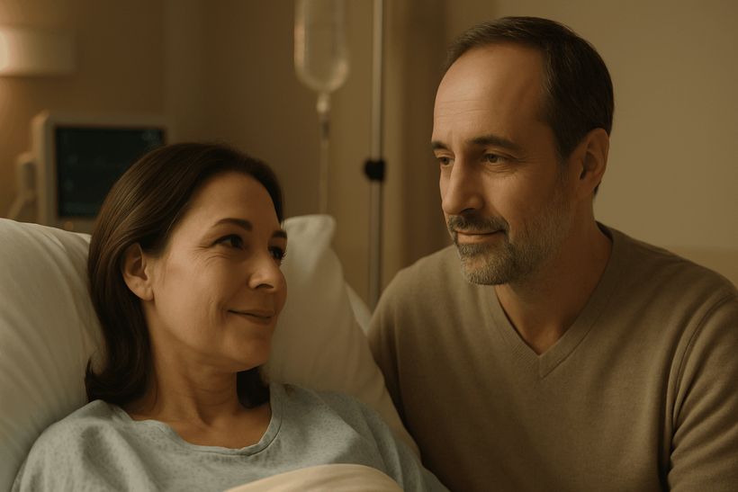 Paar mittleren Alters in Krankenhauszimmer, Blickkontakt und Lächeln, sanftes Licht, beruhigende Atmosphäre.