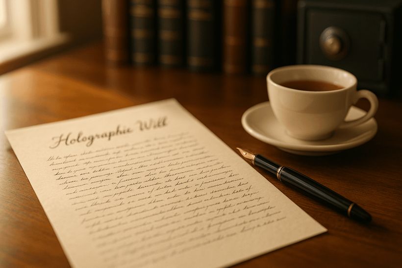 Handgeschriebenes Testament auf Holzschreibtisch mit Füllfederhalter, Teetasse und unscharfem Bücherregal im Hintergrund.